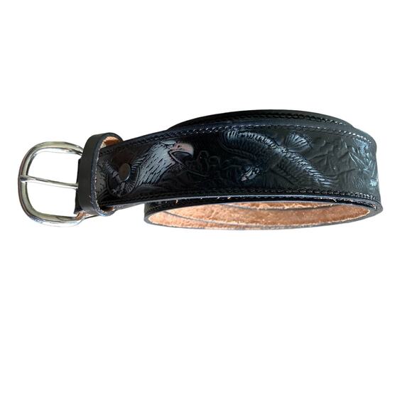 Full Grain Cowhide Black Leather Painted Embossed Eagle Belt 7 Holes - Picture 2 of 7
